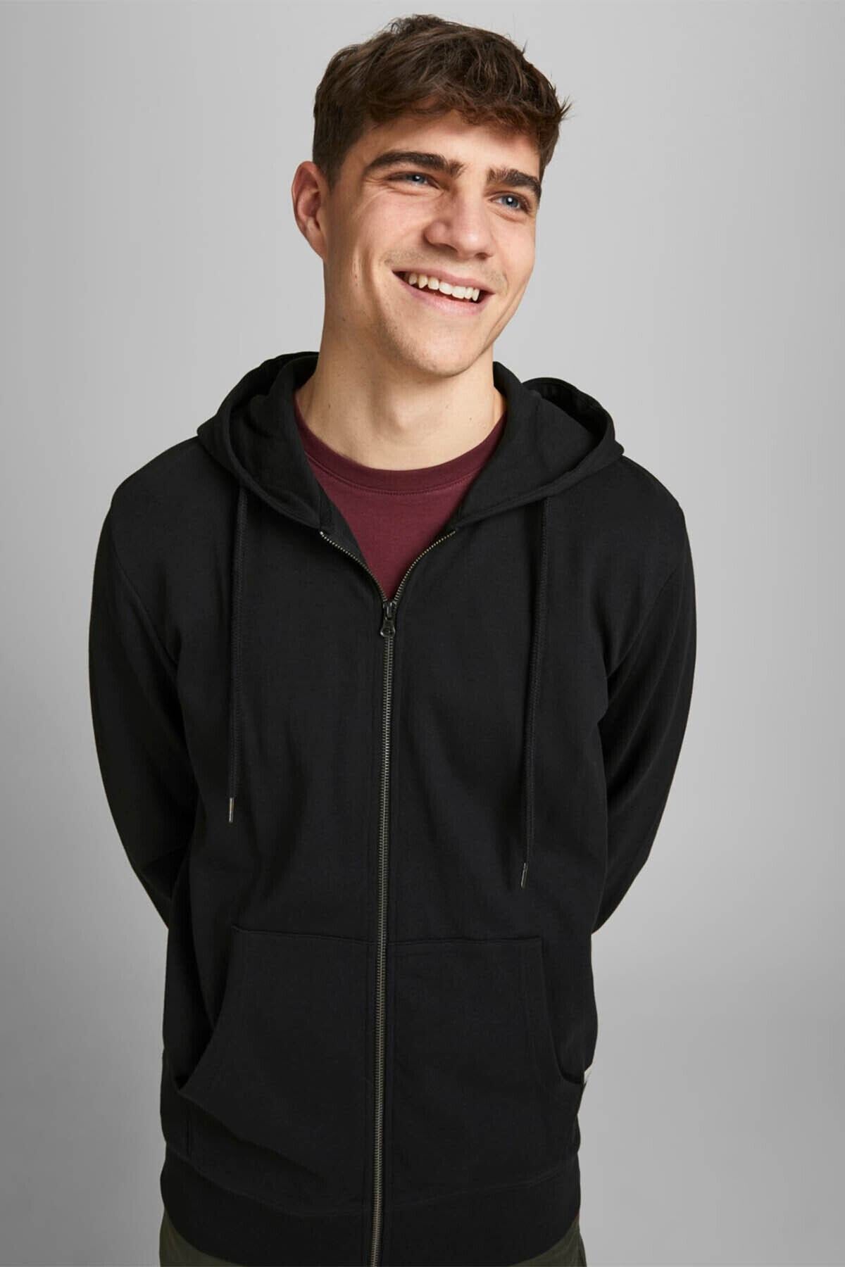 Jack & Jones Basic Erkek Fermuarlı Kapüşonlu Sweatshirt 12181901 - Siyah