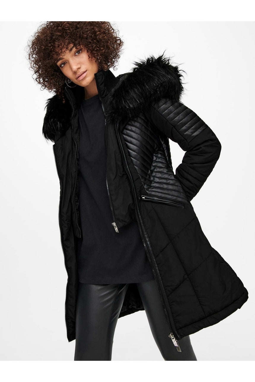 only onlnewlinette fur hood coat otw 15295396 - Siyah