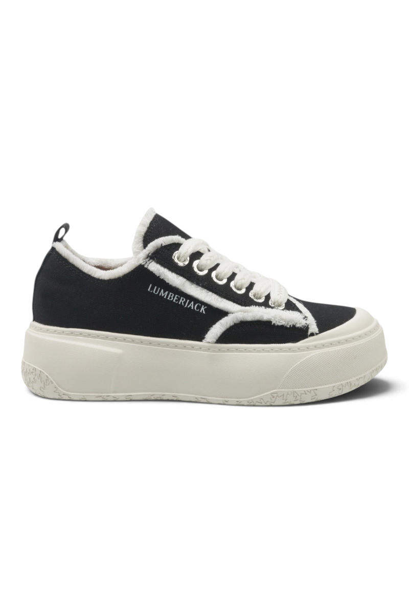 Sporline Lumberjack Veller siyah kadın sneaker, beyaz kürklü detaylara ve kalın platform tabana sahip spor ayakkabı.