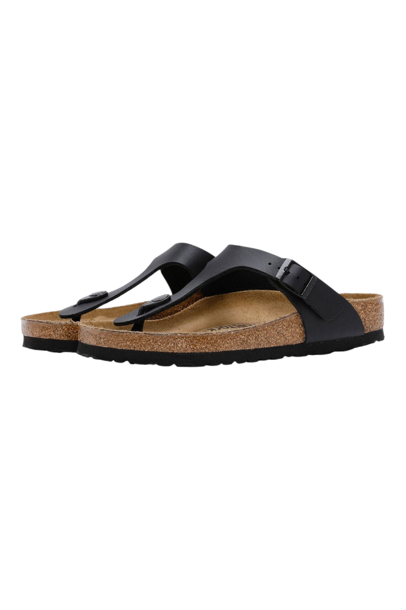 Sporline Birkenstock Gizeh siyah süet kadın parmak arası terlik, mantar tabanlı ve ayarlanabilir tokalı tasarım.