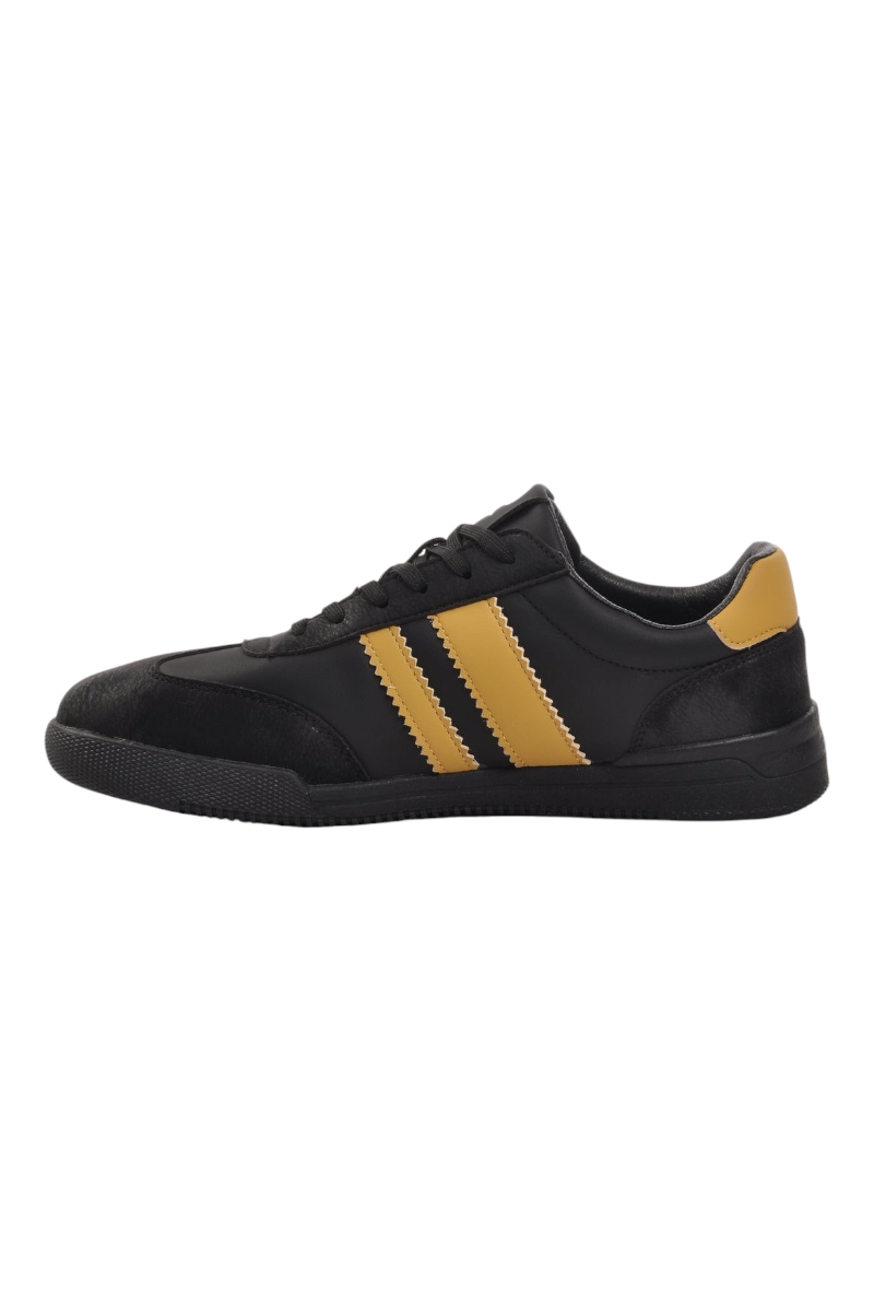 Sporline Pierre Cardin siyah poliüretan erkek sneaker, yan kısımlarında sarı şerit detaylı günlük spor ayakkabı