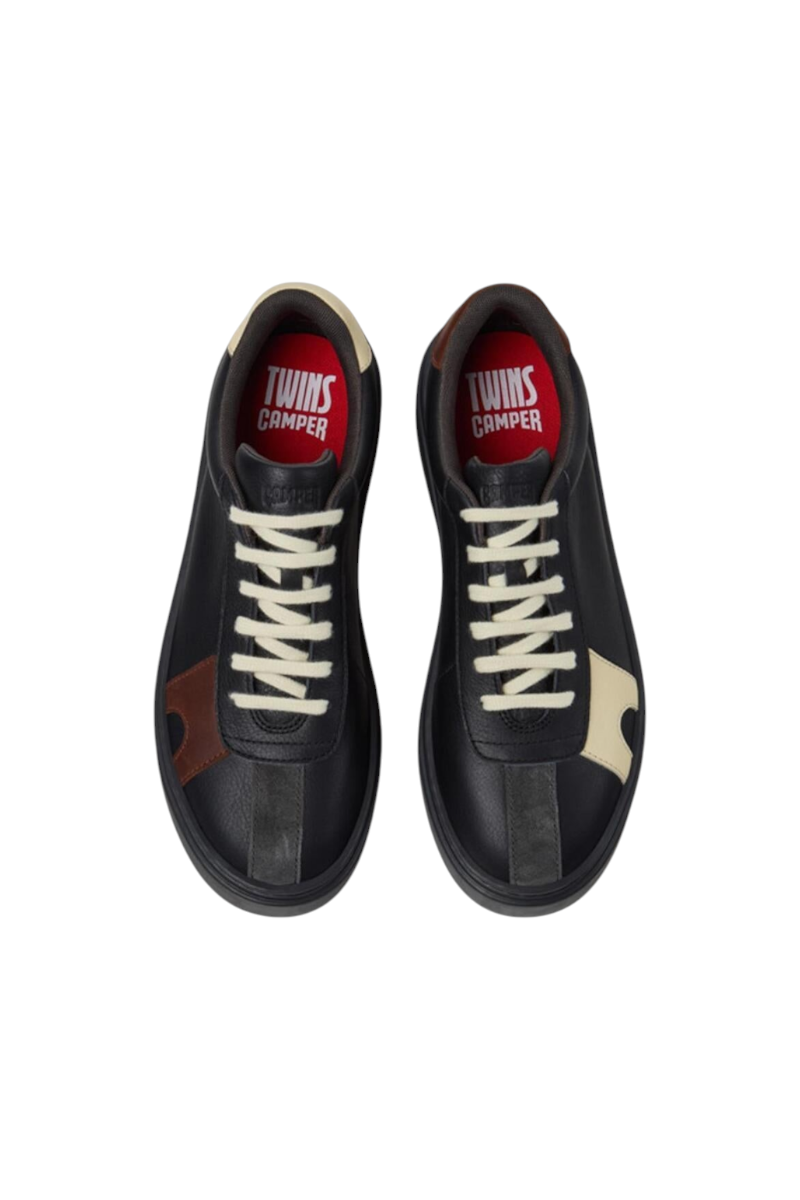 Sporline Camper TWS siyah deri erkek sneaker, asimetrik renkli detaylara sahip, üstten görünüm.