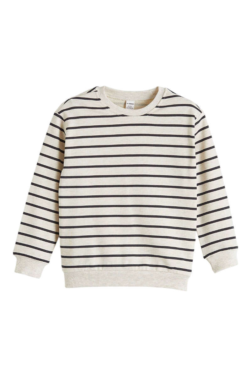 Sporline LC Waikiki gri ve siyah çizgili, pamuk karışımlı bisiklet yaka çocuk sweatshirt