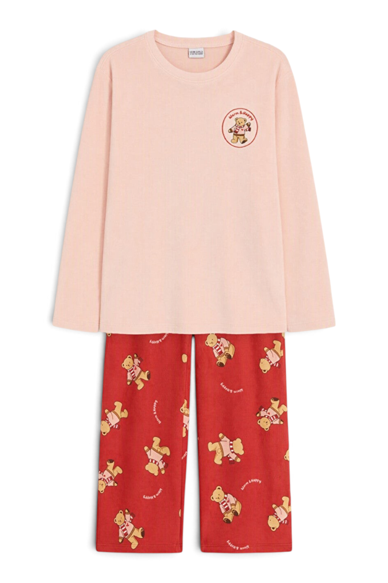 Sporline LC Waikiki pembe uzun kollu üst ve ayıcık desenli kırmızı kadife alt kız çocuk pijama takımı