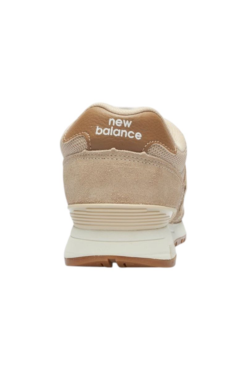Sporline New Balance 565 kadın günlük spor ayakkabı, bej süet ve file detaylı arka görünüm