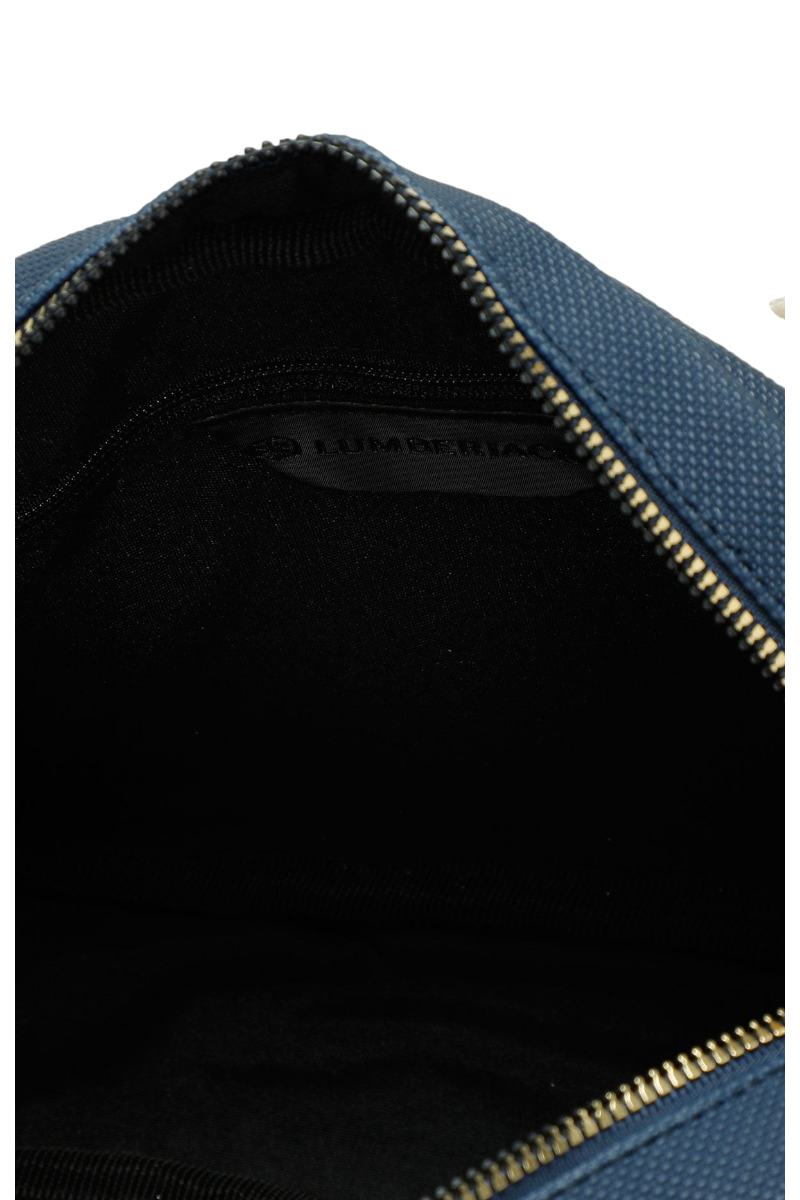Sporline Lumberjack lacivert suni deri unisex el çantasının iç fermuarlı bölme ve marka etiket detayı