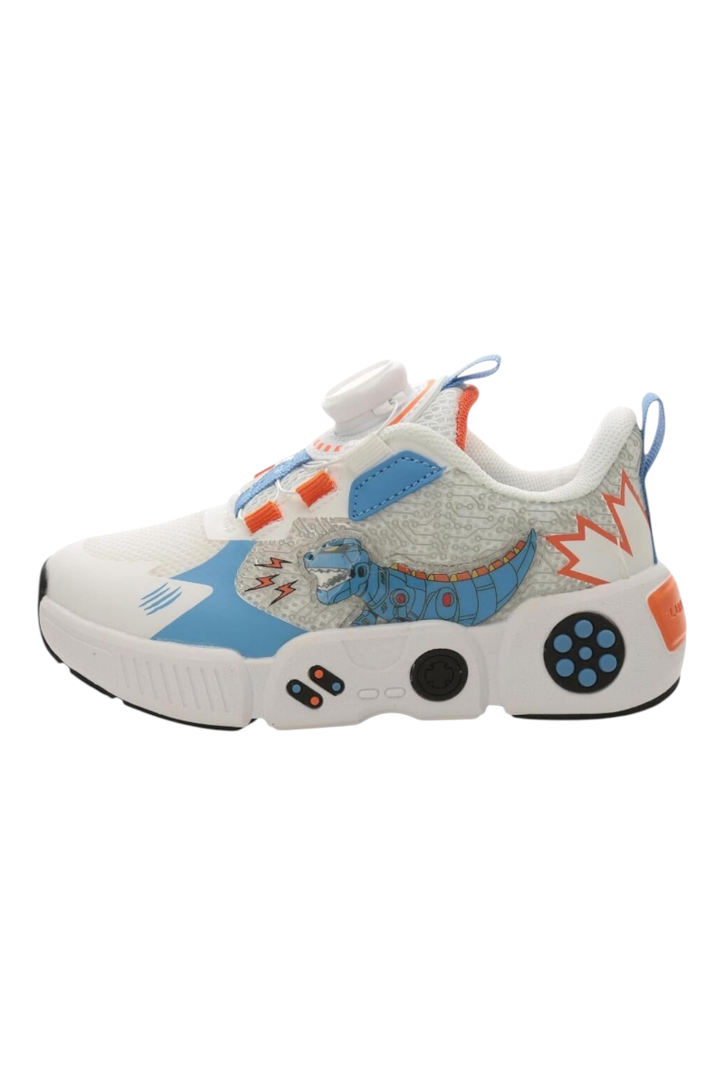 Sporline Lumberjack T-rex desenli beyaz çocuk sneaker, tekstil ve PU malzemeli, bağcıksız pratik kapamalı spor ayakkabı