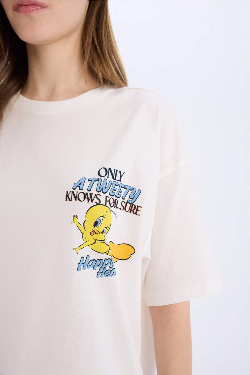 DeFacto Kadın Oversize Kısa Kollu T-Shirt D9119AX - Kırık Beyaz