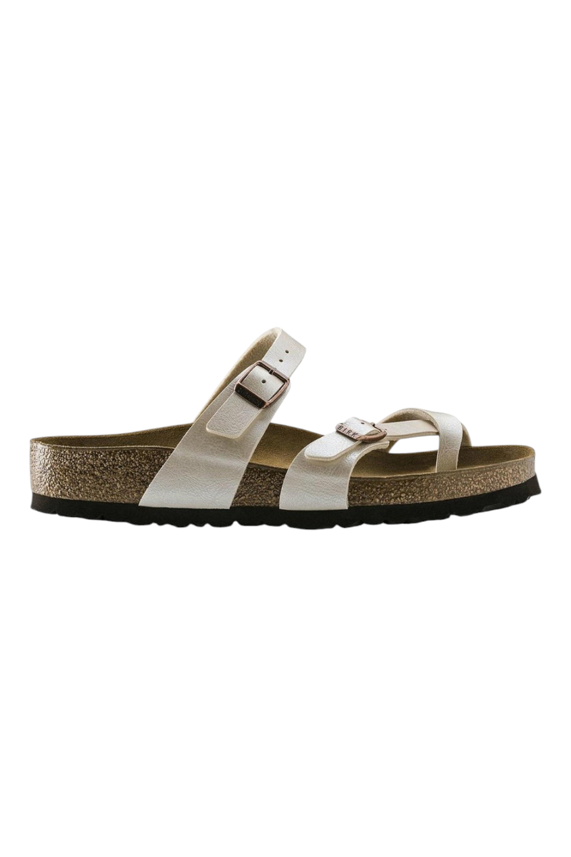 Sporline Birkenstock Mayari beyaz kadın terlik, mantar tabanlı ve ayarlanabilir tokalı şık tasarım