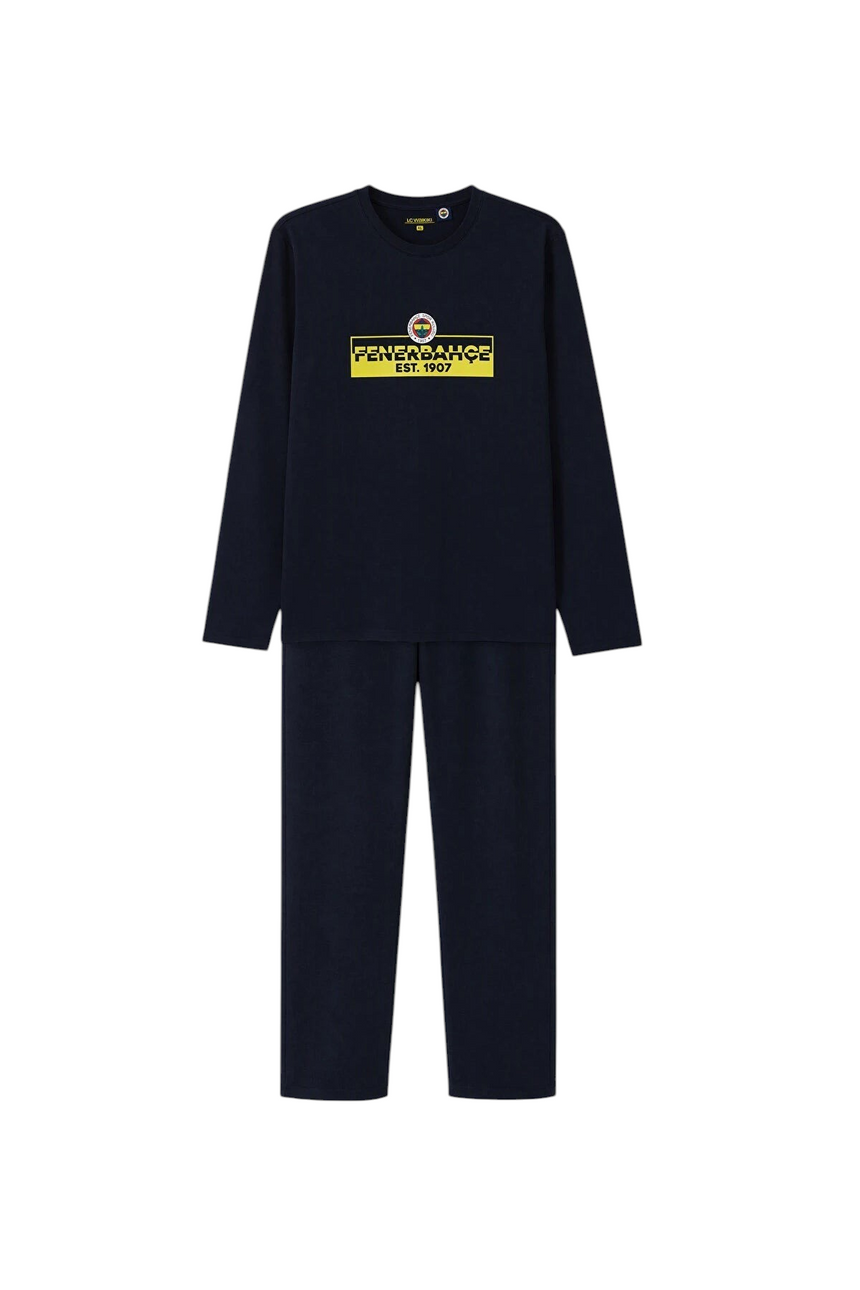 Sporline LC Waikiki erkek Fenerbahçe baskılı, bisiklet yaka, %100 pamuklu açık lacivert uzun kollu pijama takımı