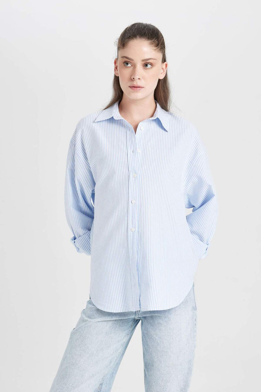 DeFacto Kadın Oversize Uzun Kollu Gömlek D4015AX - Mavi