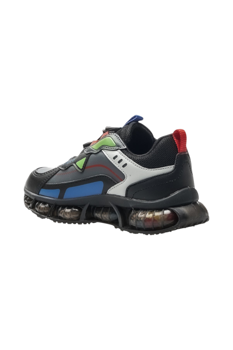 Sporline Vicco siyah suni deri çocuk sneaker, renkli detaylı ve kalın tabanlı spor ayakkabı