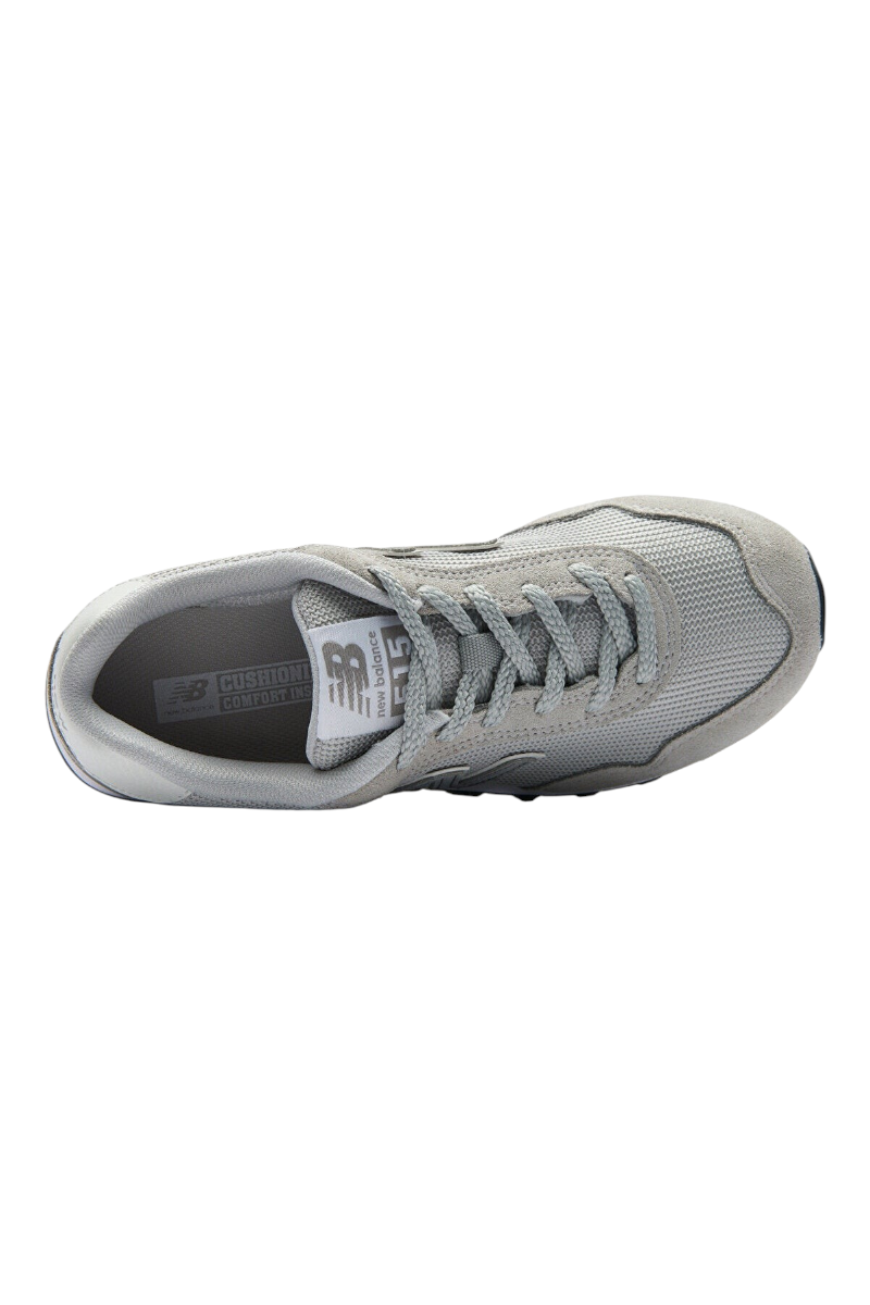 Sporline New Balance WL515GGR gri ve beyaz renkli, file ve süet detaylı, bağcıklı kadın spor ayakkabı üstten görünüm