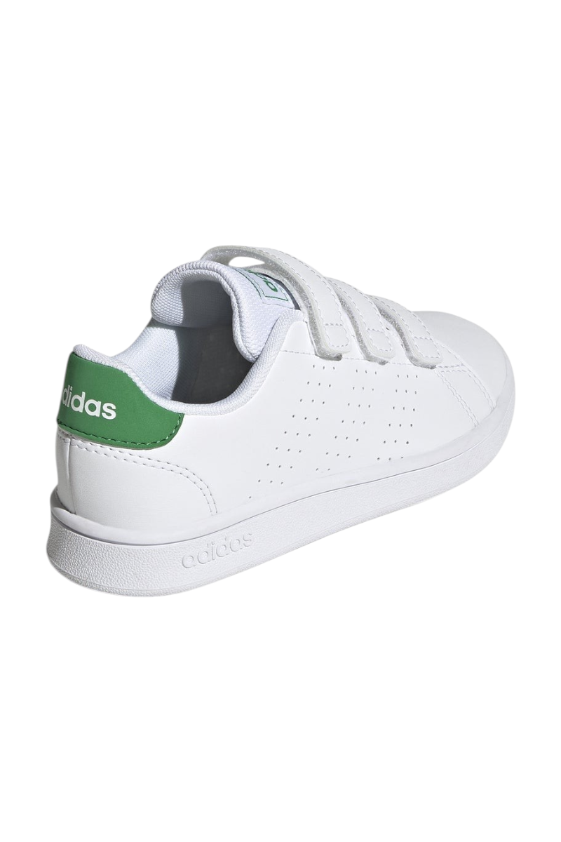 Sporline adidas Advantage Base beyaz suni deri çocuk sneaker, yeşil topuk detaylı ve cırt cırtlı tasarım.