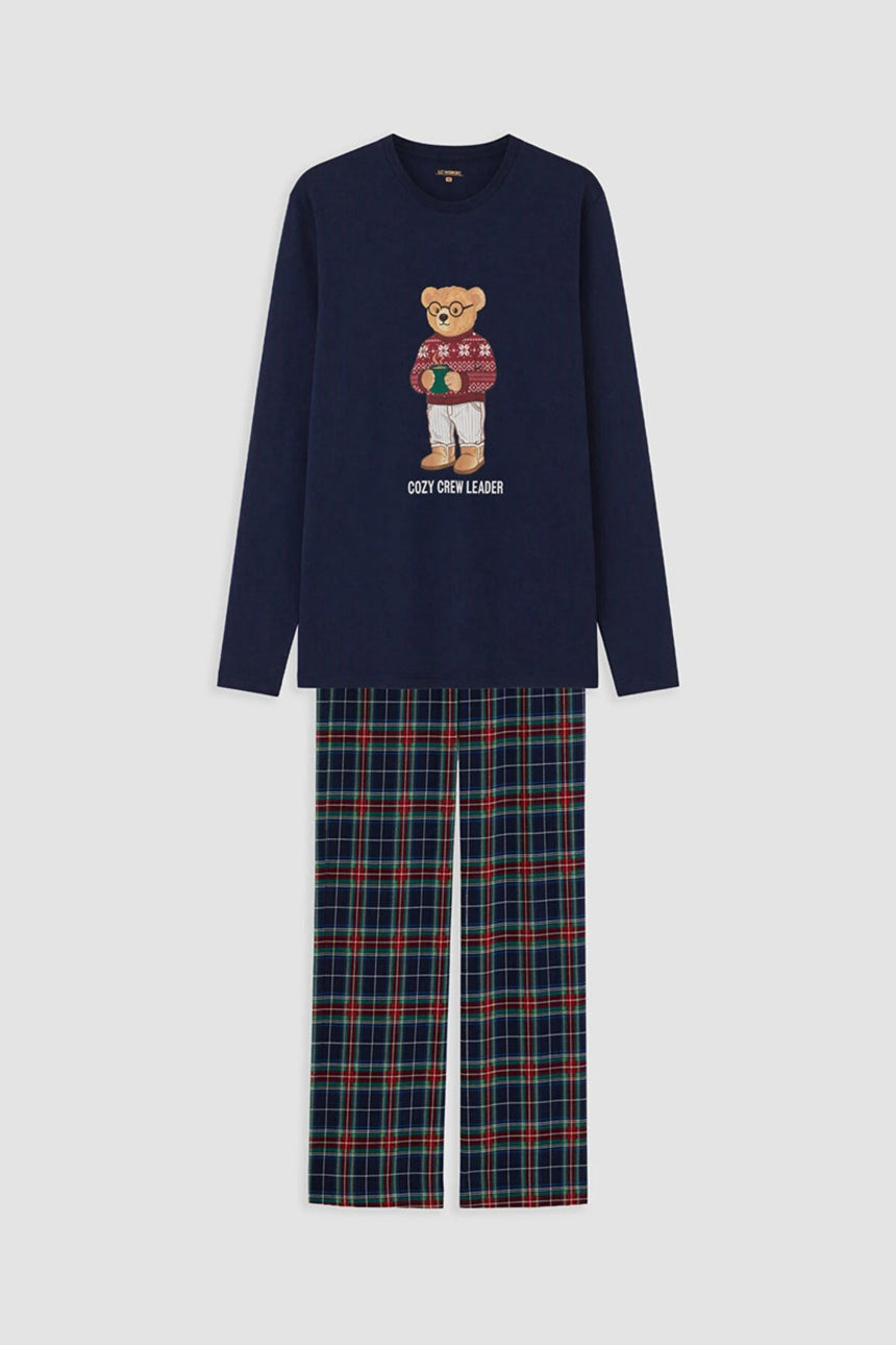 Sporline LC Waikiki koyu lacivert ayıcık baskılı uzun kollu erkek pijama takımı ve ekose desenli alt parça