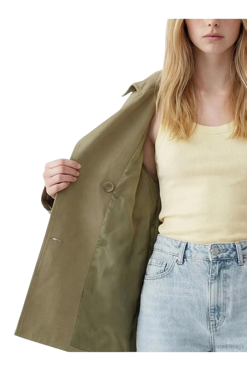 Sporline LC Waikiki koyu yeşil oversize kruvaze kadın trençkot, midi boy ve şık detaylı dış giyim.