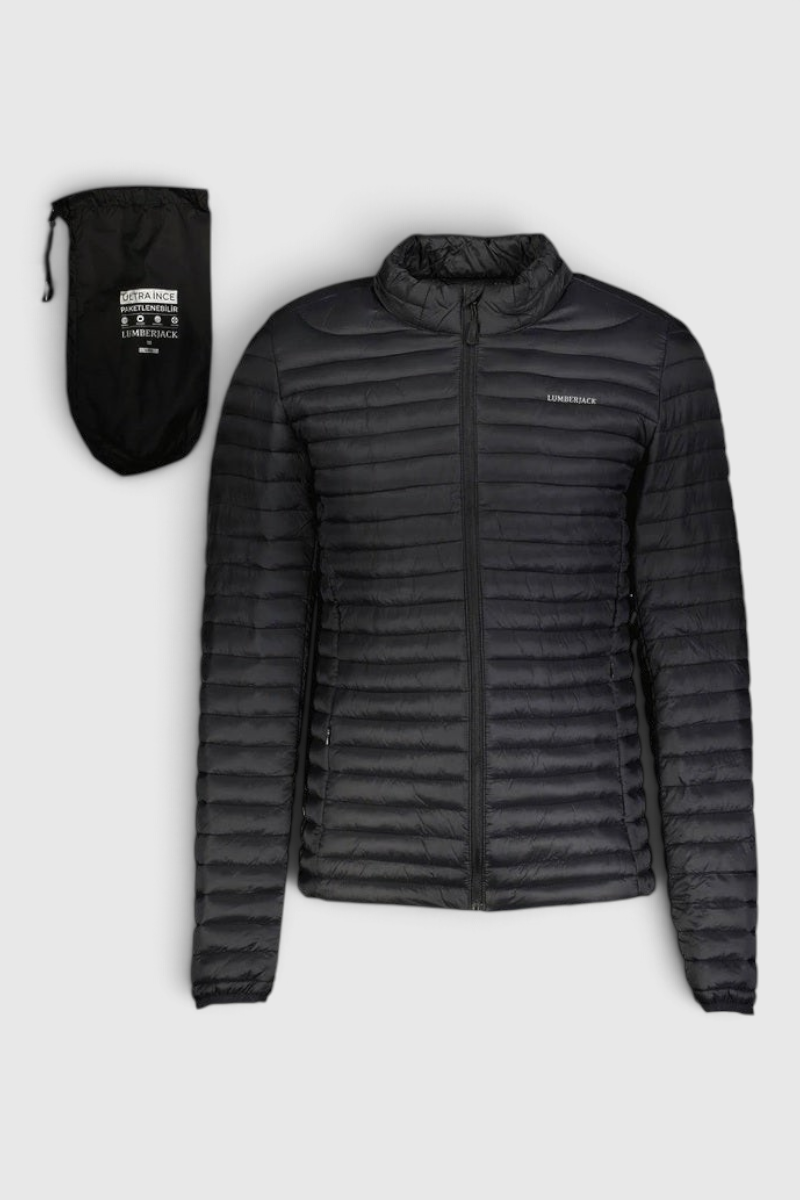 Sporline Lumberjack ML Perry siyah erkek şişme mont, %100 polyester, bol kesim ve taşıma çantası ile