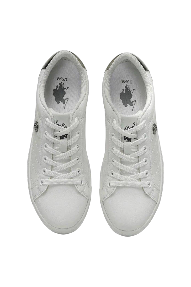 Sporline U.S. Polo Assn. beyaz PU kadın sneaker, üstten görünüm, bağcıklı tasarım ve marka logolu detaylar.
