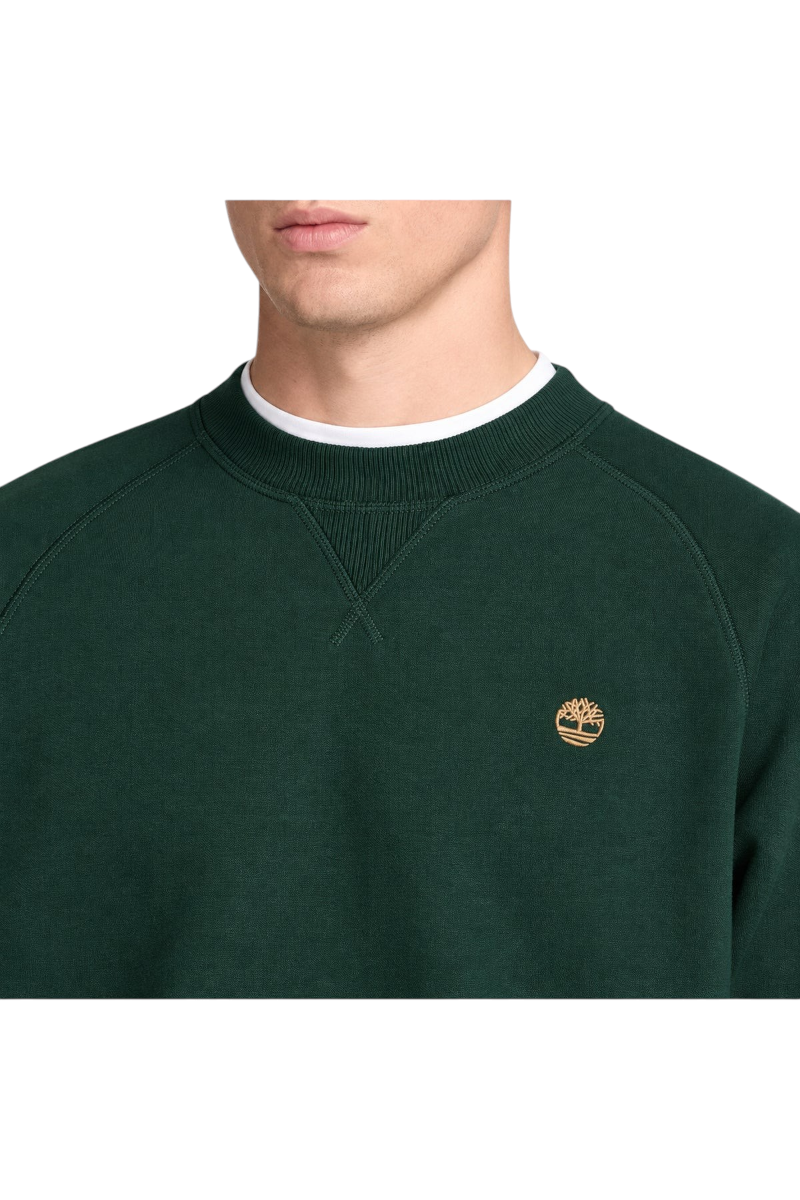 Sporline Timberland Exeter River koyu yeşil bisiklet yaka erkek sweatshirt, göğüs kısmında küçük logo detaylı