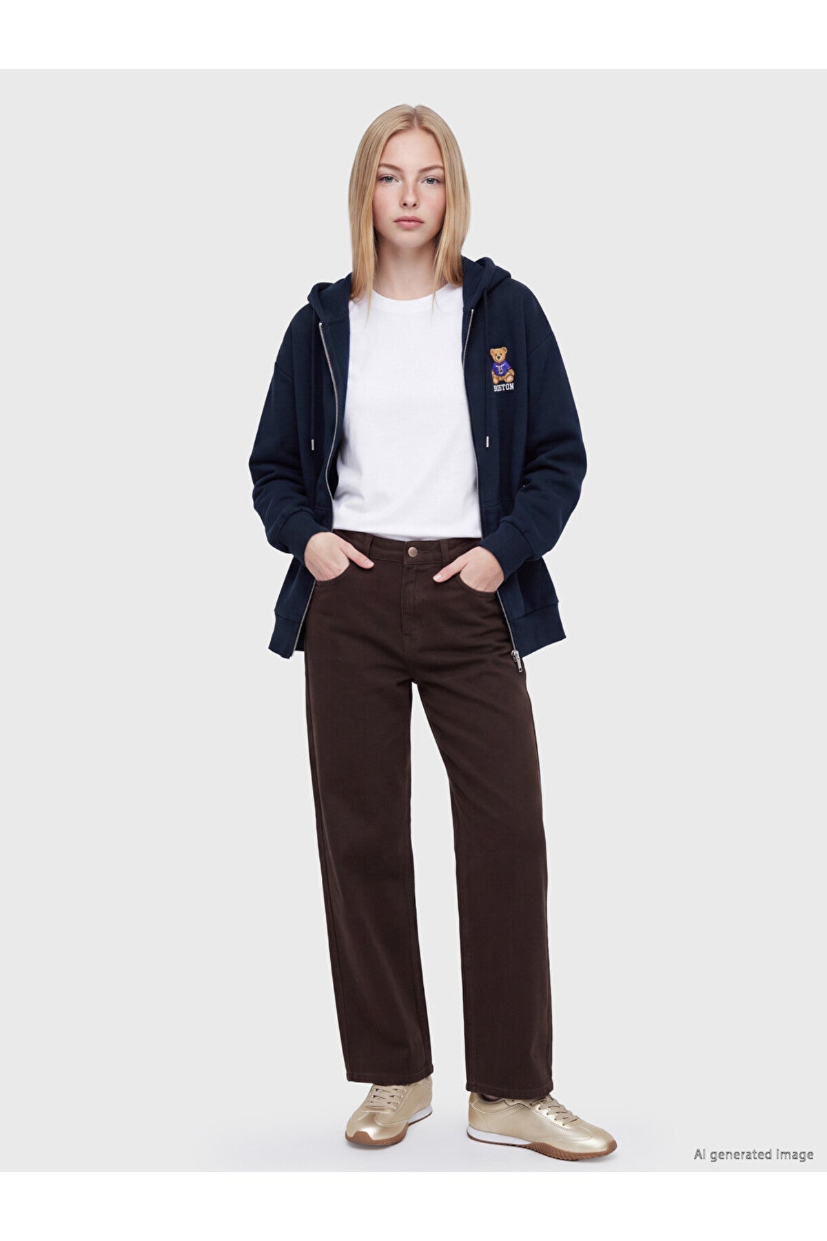 LC Waikiki Kadın Nakışlı Oversize Sweat Hırka W6Y753B8 - Koyu Lacivert