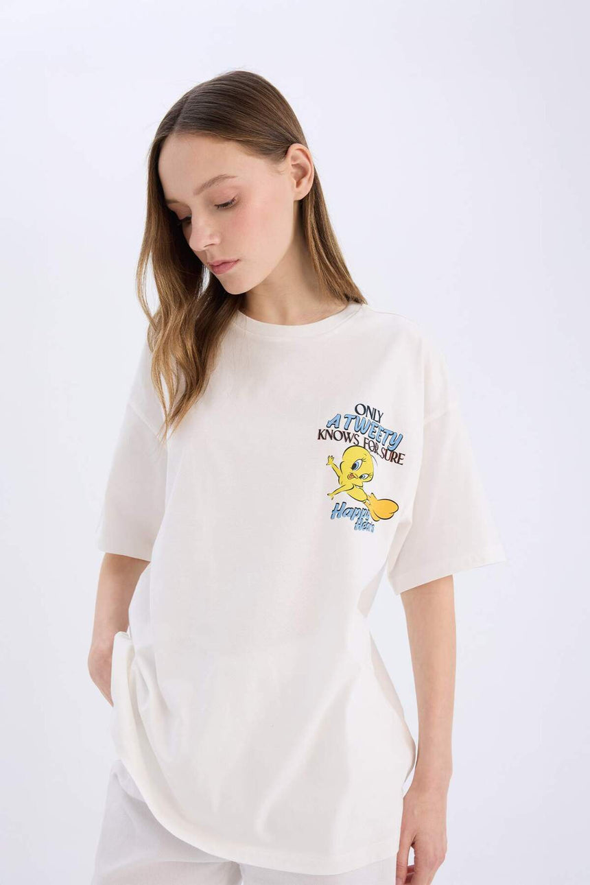 DeFacto Kadın Oversize Kısa Kollu T-Shirt D9119AX - Kırık Beyaz