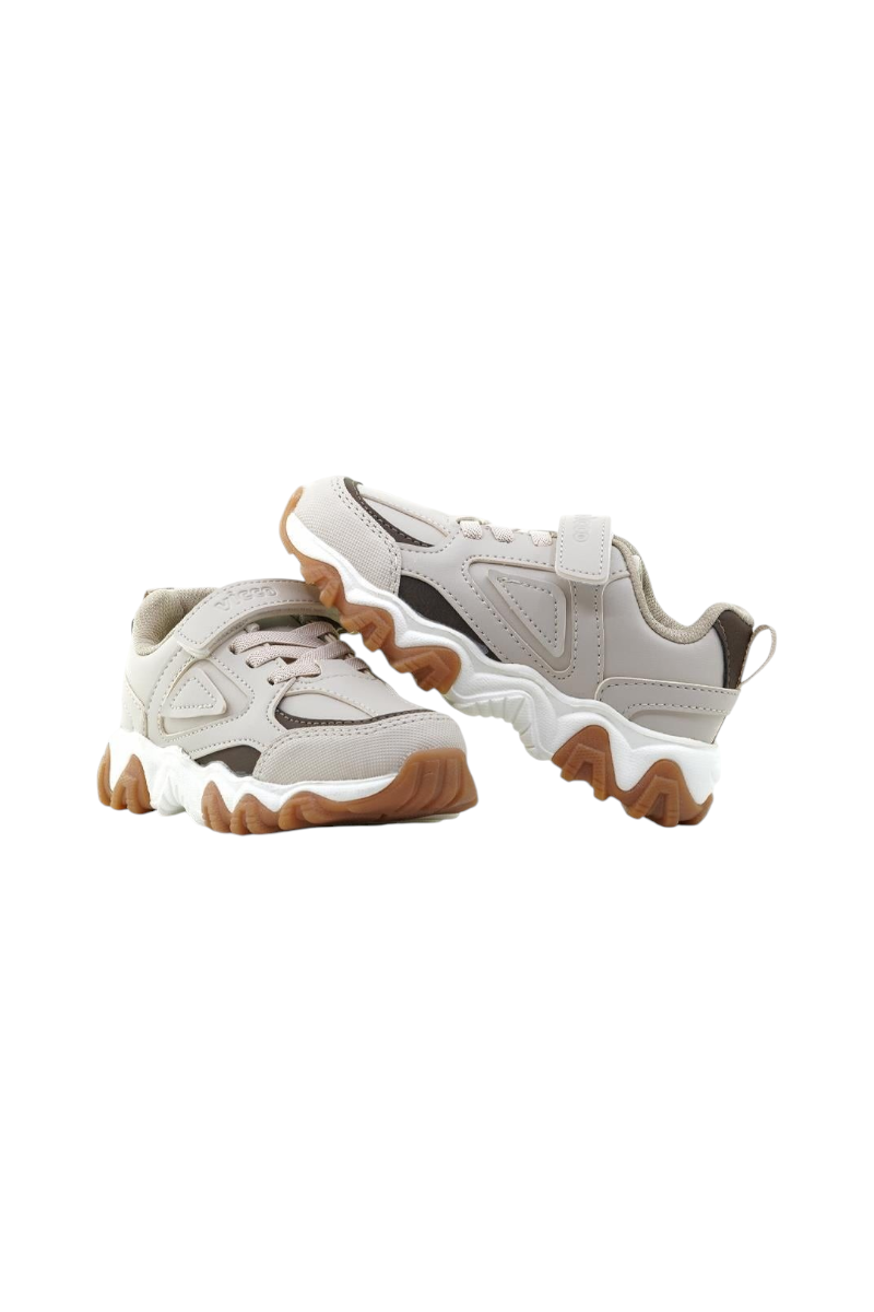 Sporline Vicco bej renkli, suni deri çocuk sneaker ayakkabı, tırtıklı beyaz ve kahverengi tabanlı günlük model.