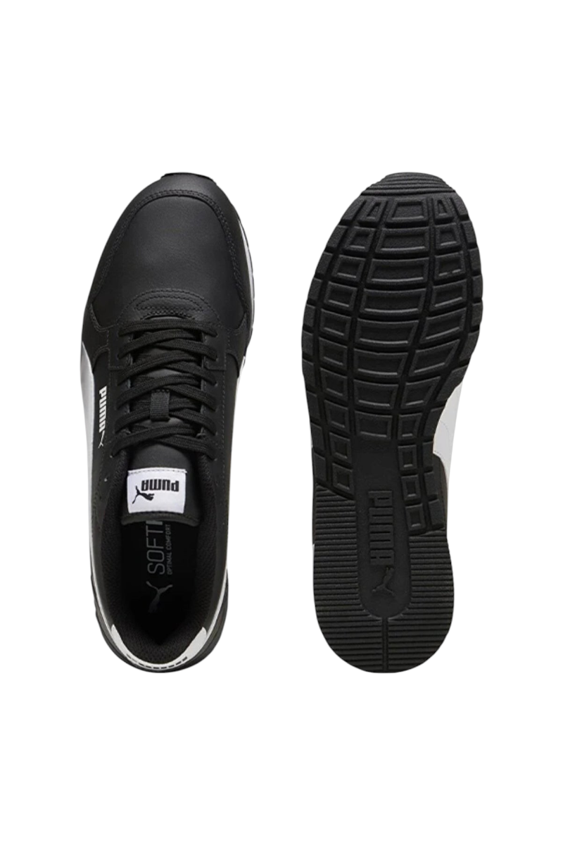 Sporline Puma ST Runner v4 L erkek spor ayakkabı, siyah deri üst yüzey ve beyaz detaylı kauçuk taban tasarımı.