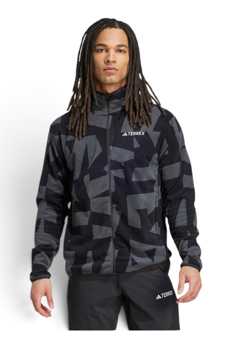 Sporline adidas Terrex siyah ve karbon geometrik desenli, fermuarlı, regular kesim erkek polar ceket