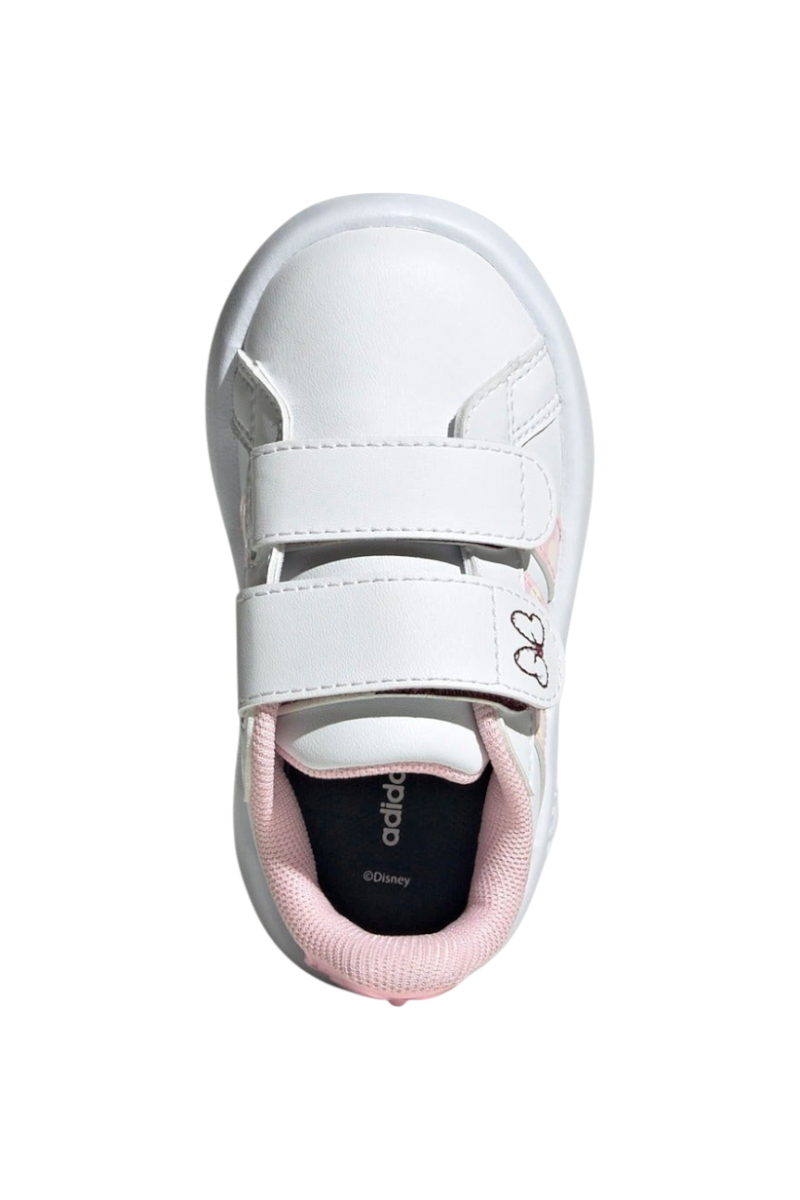 Sporline adidas Grand Court Minnie beyaz suni deri çocuk sneaker, cırt cırtlı tasarım ve pembe detaylı üstten görünüm