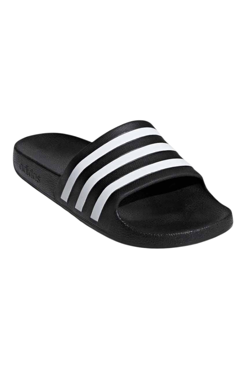 Sporline adidas Adilette Aqua siyah suni deri unisex terlik, beyaz üç bant detaylı