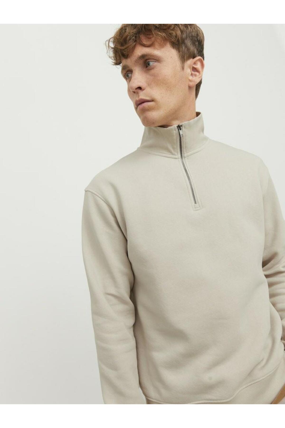 Jack & Jones Bradley Erkek Yarım Fermuarlı Sweatshirt 12250747 - Bej / Açık Gri