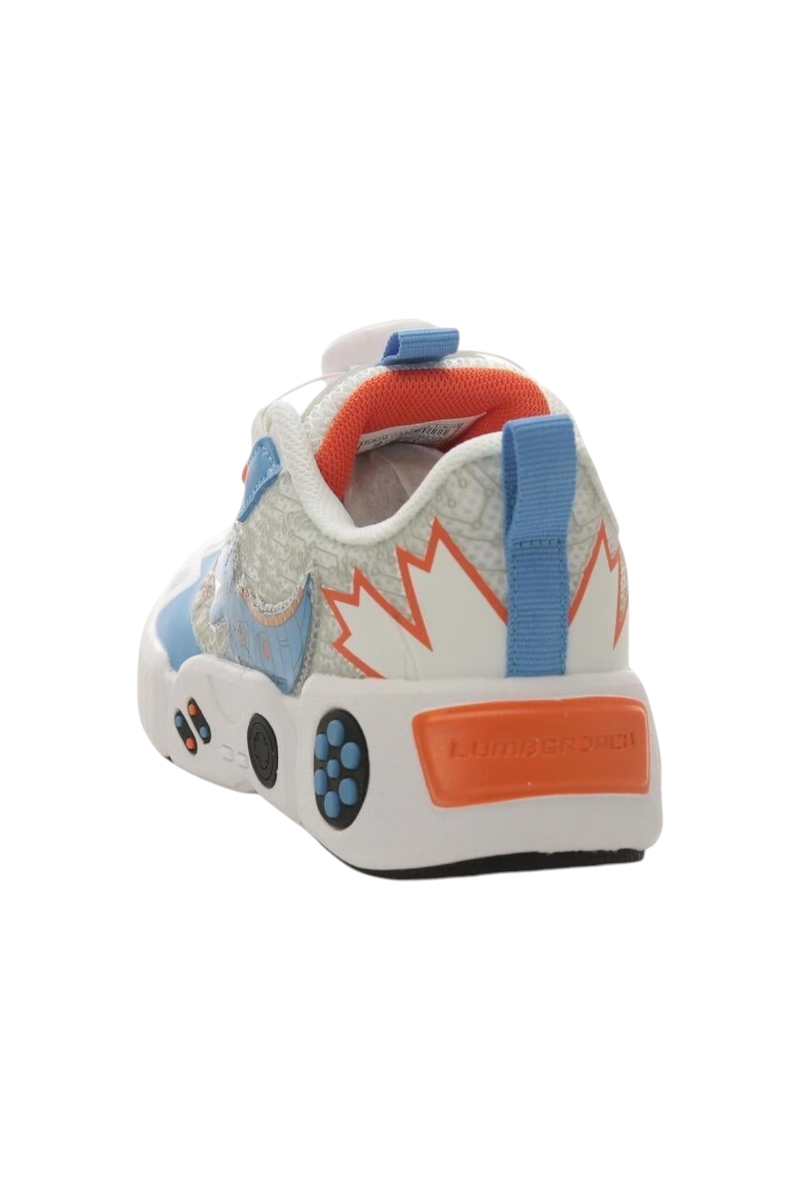 Sporline Lumberjack T-rex beyaz çocuk sneaker, tekstil ve PU karışımlı, renkli desenli arka topuk görünümü