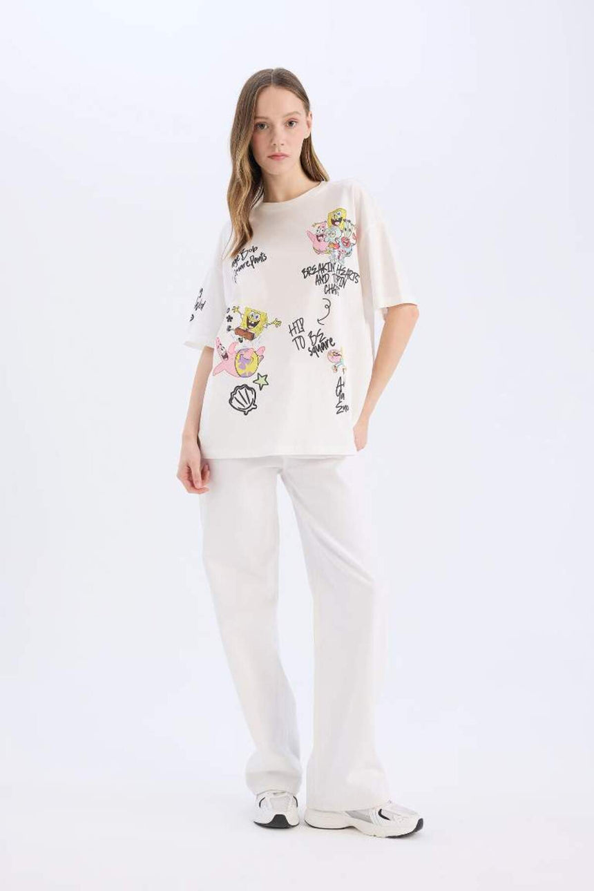 DeFacto Kadın Oversize Kısa Kollu T-Shirt D9124AX - Kırık Beyaz