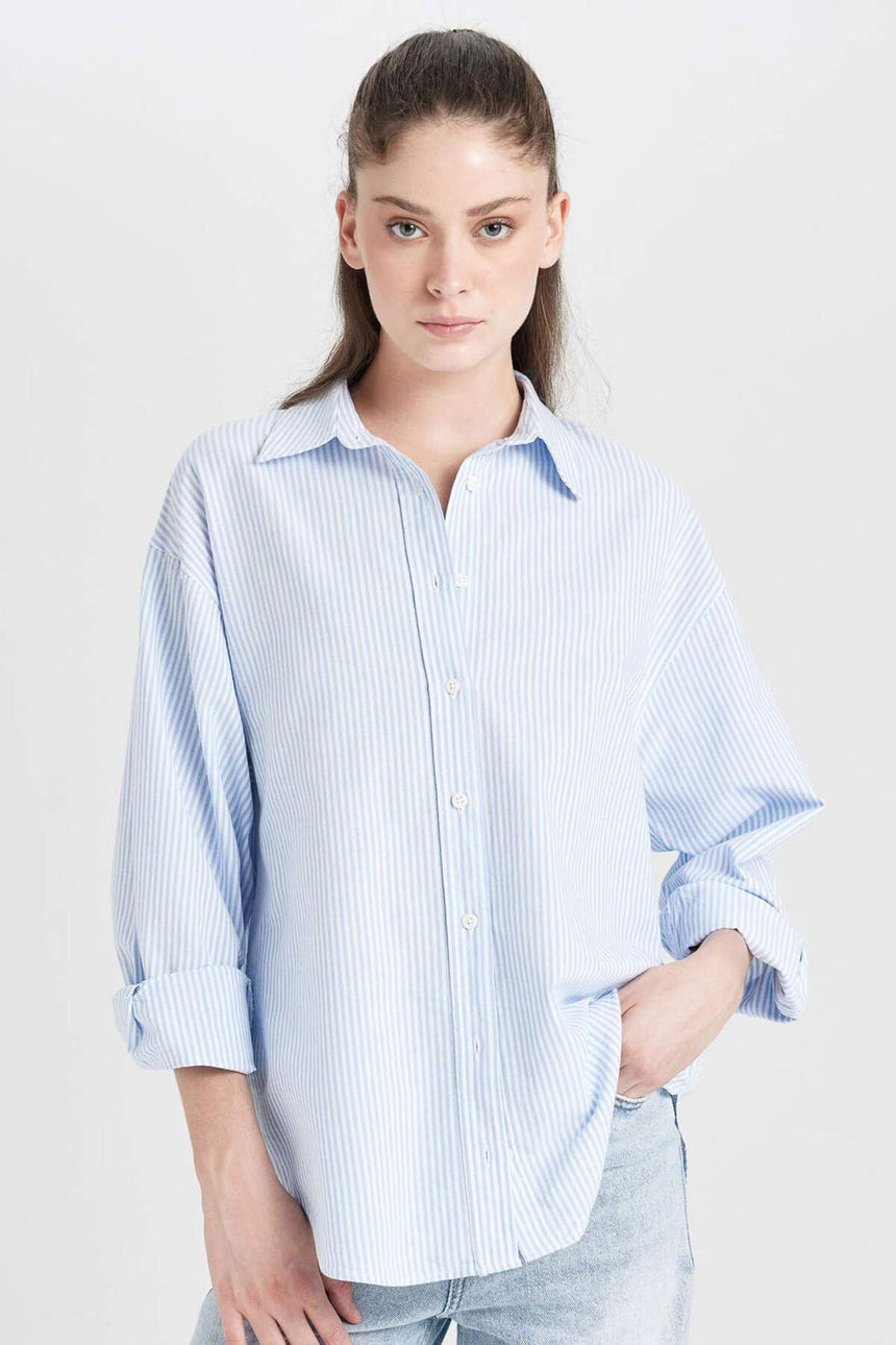 DeFacto Kadın Oversize Uzun Kollu Gömlek D4015AX - Mavi