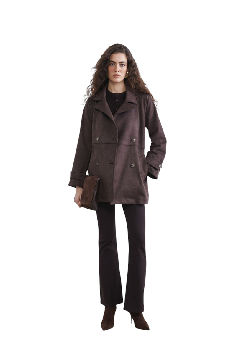 Sporline LC Waikiki koyu kahverengi oversize kruvaze yaka kadın trençkot, süet görünümlü şık dış giyim.