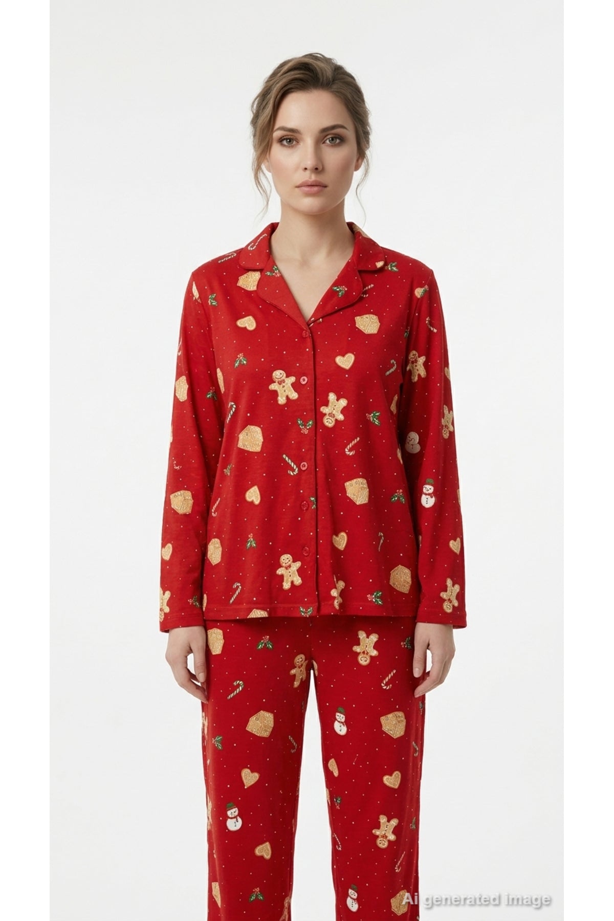 LC Waikiki Kadın Yılbaşı Desenli Pijama Takımı W6K038D8 - Kırmızı