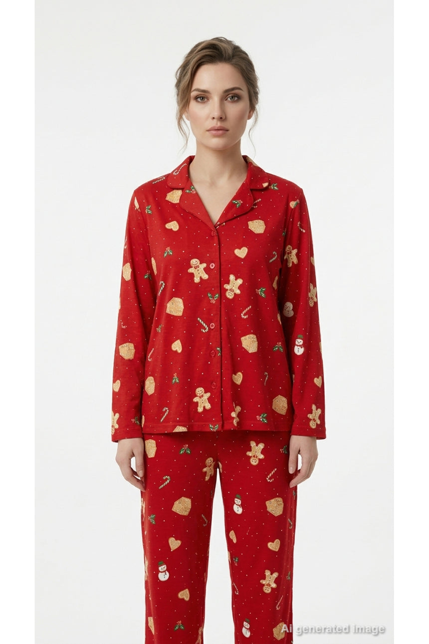 LC Waikiki Kadın Yılbaşı Desenli Pijama Takımı W6K038D8 - Kırmızı