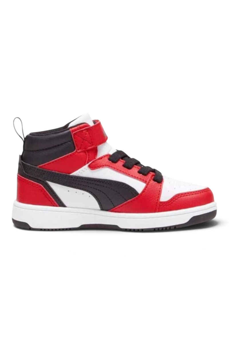 Sporline Puma Rebound V6 Mid çocuk spor ayakkabısı, siyah, beyaz ve kırmızı renkli, cırt cırtlı basketbol stili