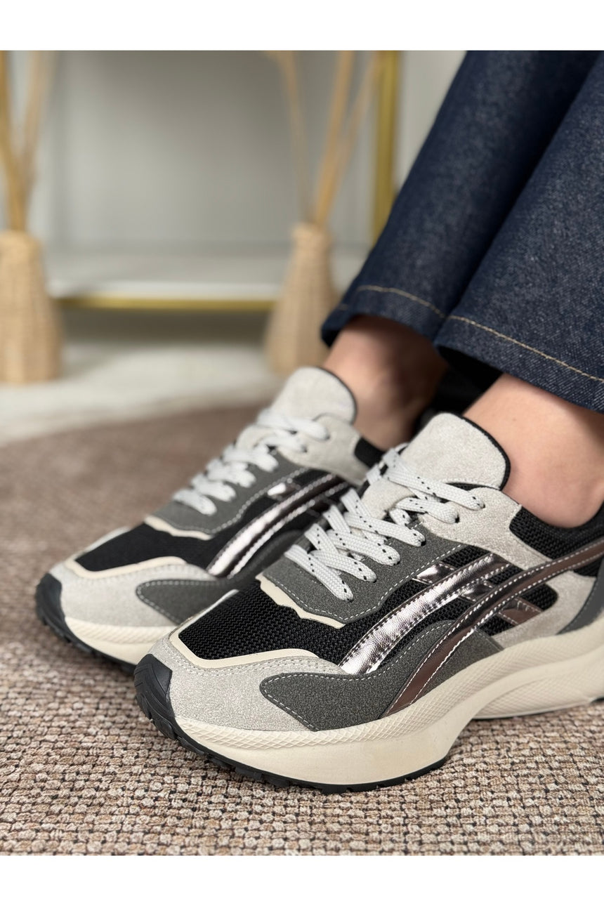 Rovena Kadın Gri Gümüş Yüksek Taban Bağcıklı Sneaker Spor Ayakkabı - Gri