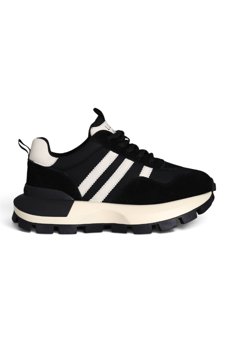 Sporline Lufian siyah deri ve kauçuk detaylı kadın sneaker, kalın tabanlı modern tasarım