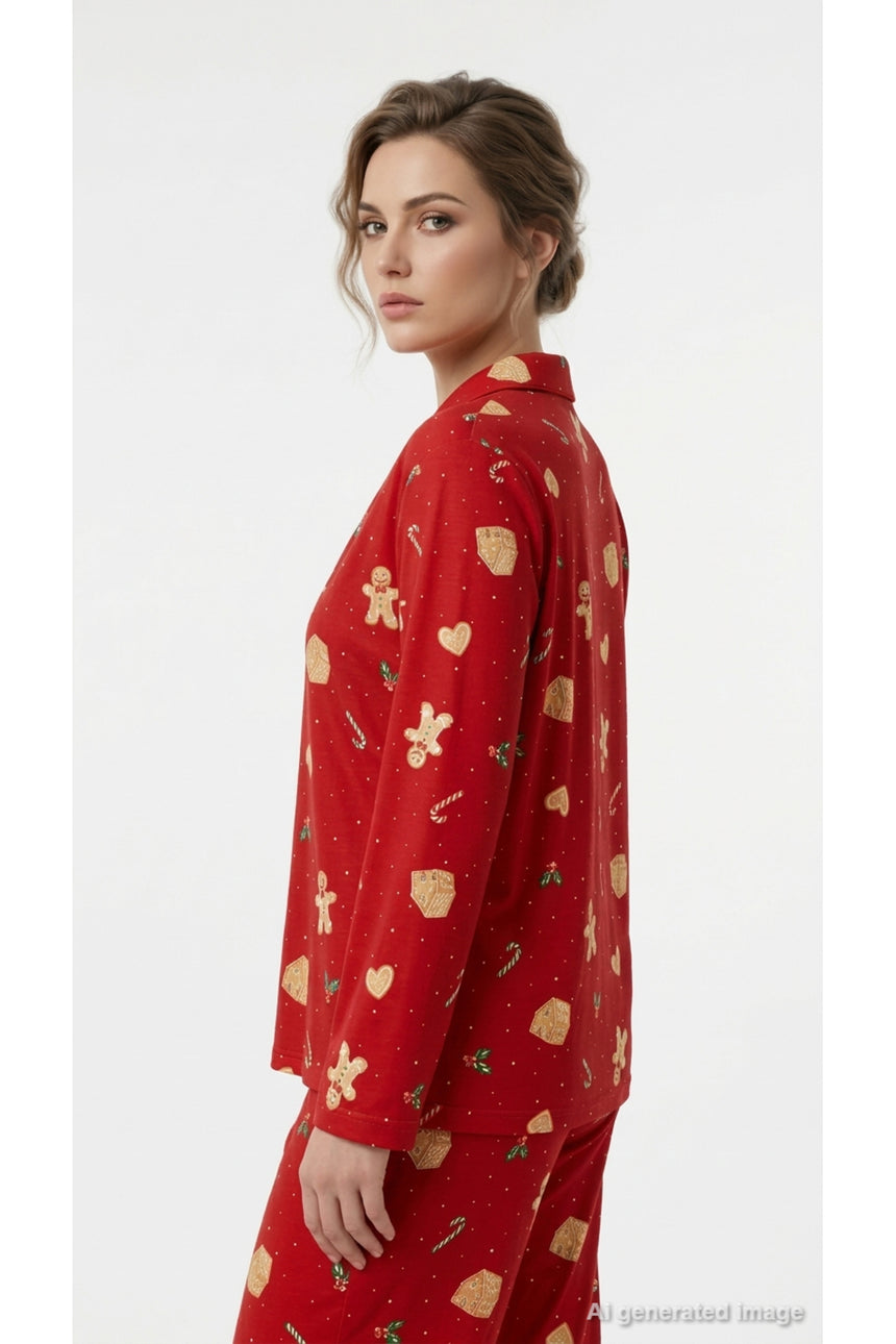 LC Waikiki Kadın Yılbaşı Desenli Pijama Takımı W6K038D8 - Kırmızı