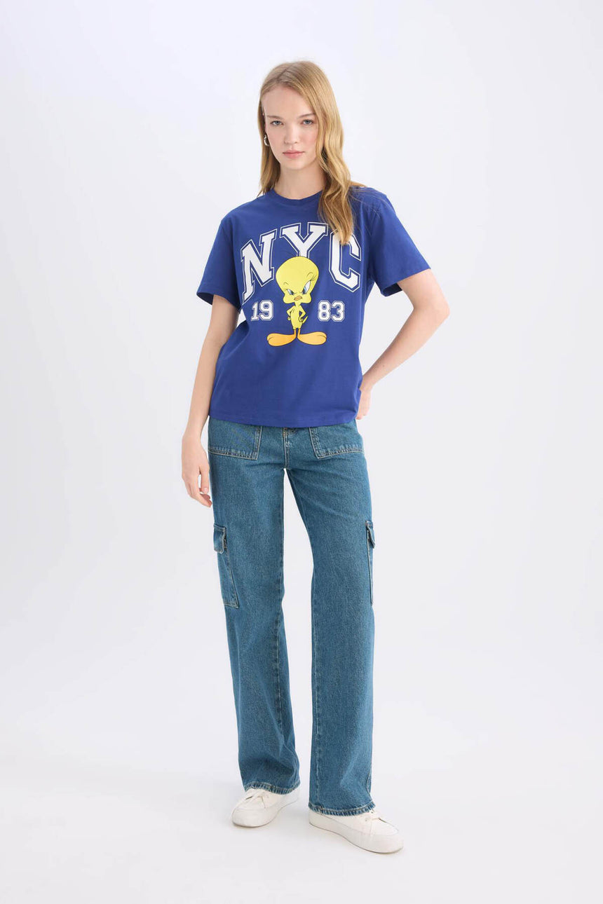 Defacto Kadın Short Sleeve T-Shirt D9108Ax - Çivit Mavisi
