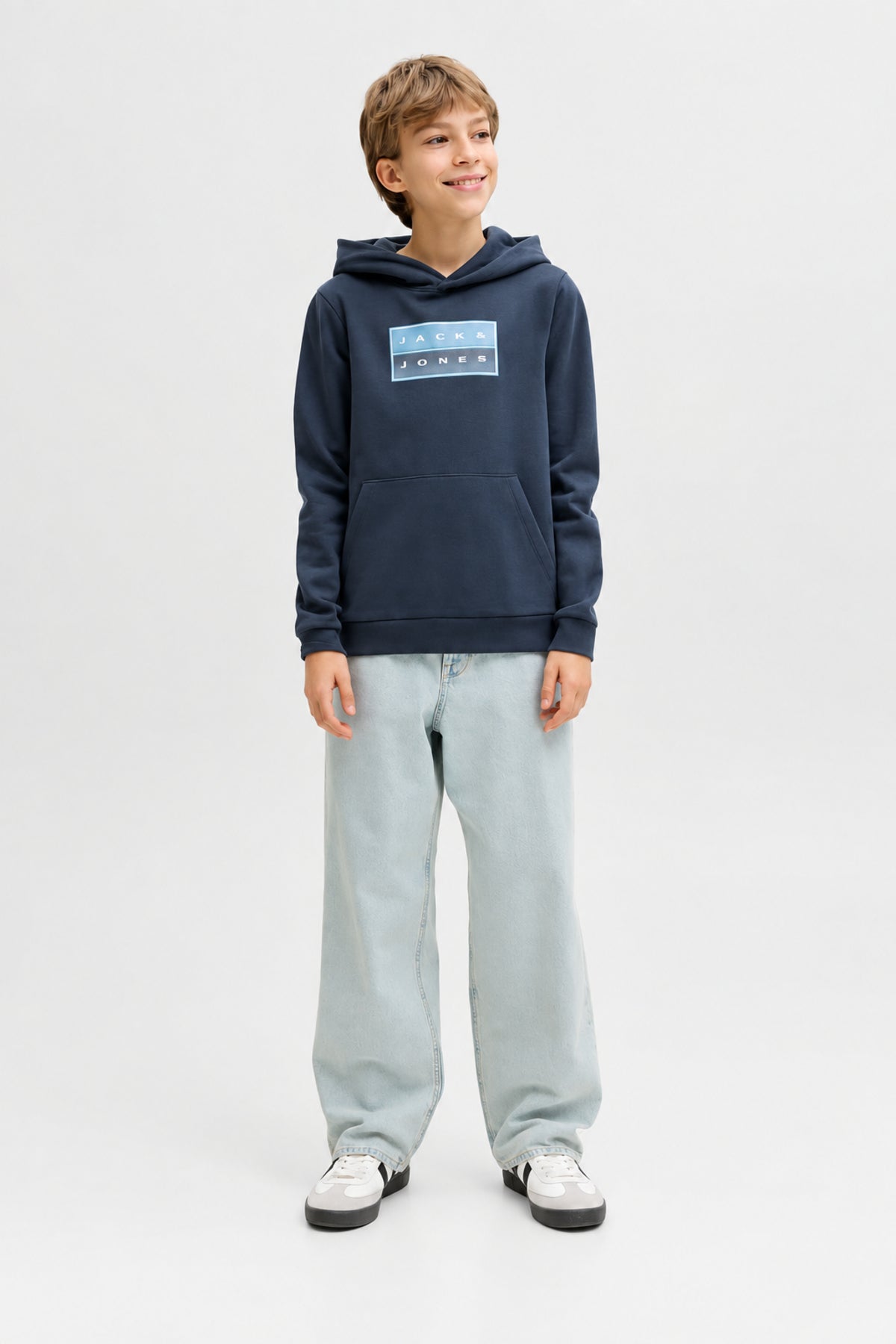 Jack & Jones Junior Fusion Erkek Çocuk Kapüşonlu Sweatshirt 12298237 - Koyu Lacivert / Koyu Gri