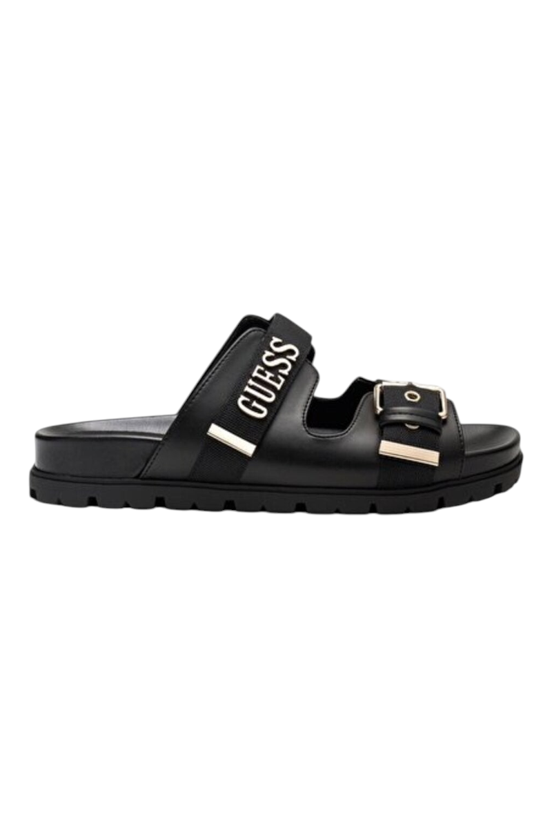 Sporline Guess siyah polyester kadın sandalet, yan tarafta Guess logolu bant ve altın renkli toka detayı