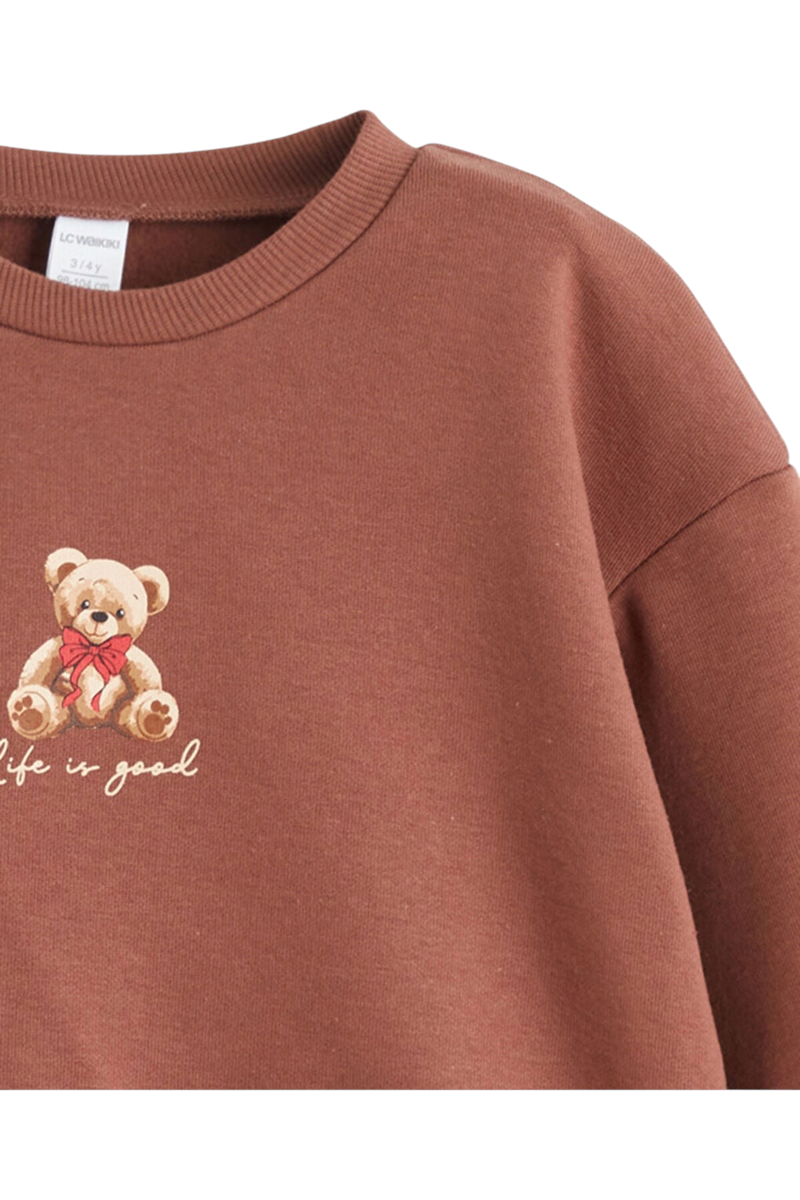 Sporline LC Waikiki çocuk sweatshirt, üzerinde ayıcık baskısı bulunan soluk pembe renkli pamuklu bisiklet yaka üst
