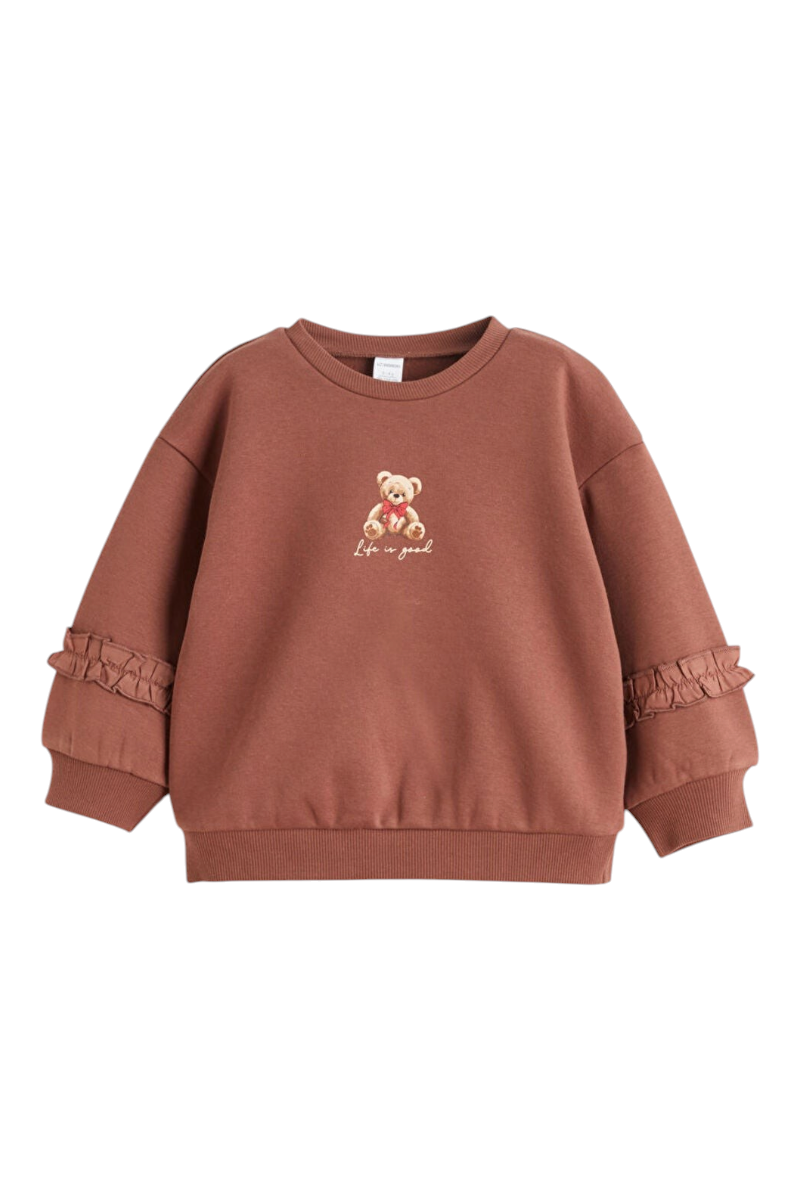 Sporline LC Waikiki çocuk sweatshirt, kahverengi, ayıcık baskılı ve kolları fırfırlı pamuklu günlük üst.