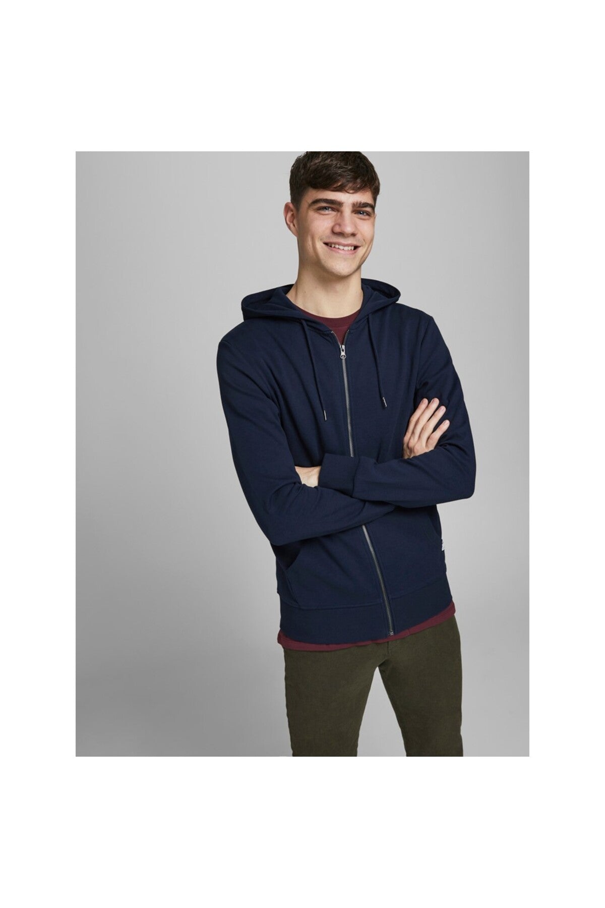 Jack & Jones Basic Erkek Kapüşonlu Fermuarlı Sweatshirt 12181901 - Koyu Lacivert
