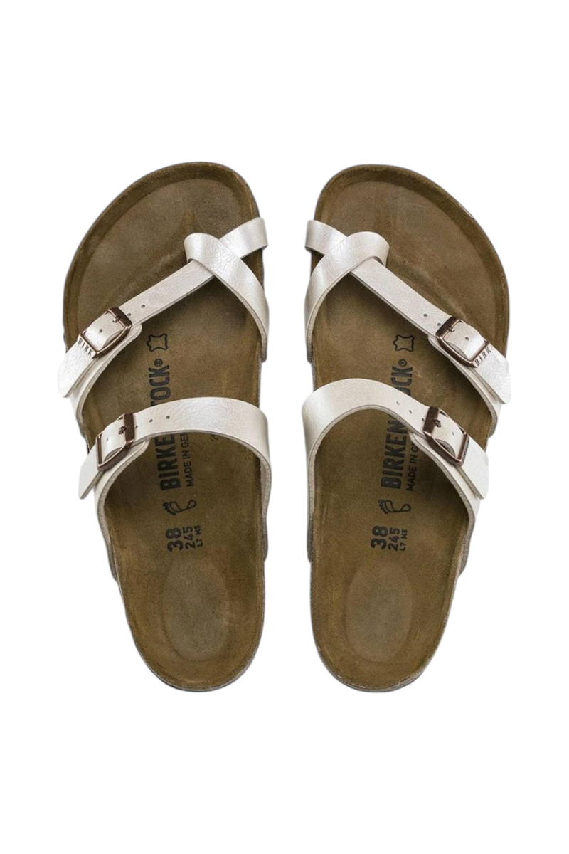 Sporline Birkenstock Mayari beyaz PU kadın terlik, parmak arası tasarımlı ve ayarlanabilir tokalı anatomik taban.