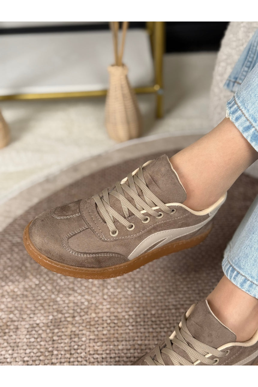 Melisandre Kadın Vizon Krem Detaylı Düz Taban Bağcıklı Süet Rahat Kullanım Günlük Spor Ayakkabı Sneaker - Gri/ Kahverengi