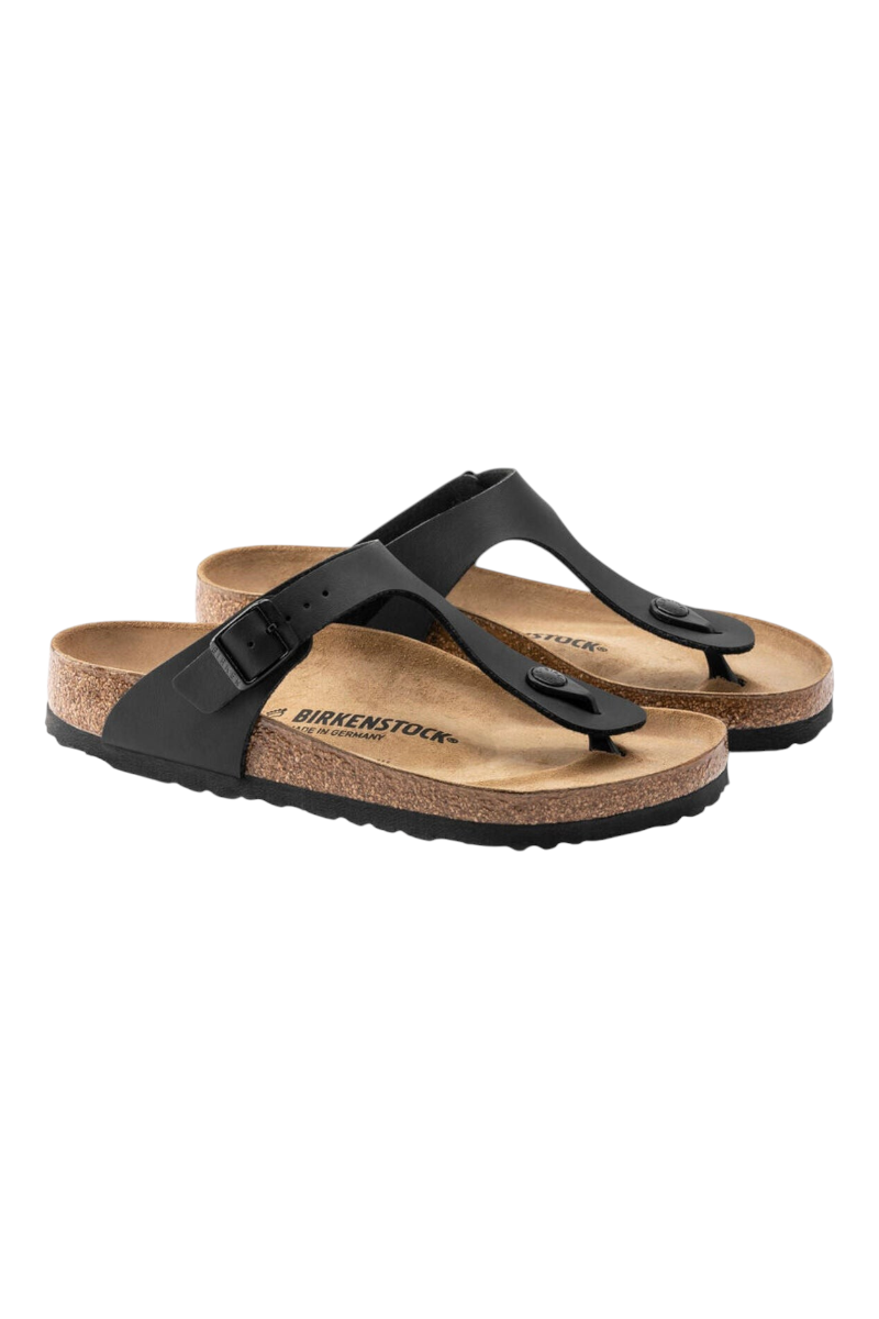 Sporline Birkenstock Gizeh siyah süet kadın parmak arası terlik, mantar tabanlı ve ayarlanabilir tokalı tasarım.